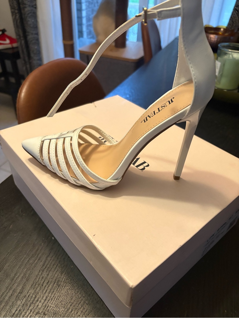 JustFab White Pointed-Toe Strappy Ankle Strap Stiletto Heel